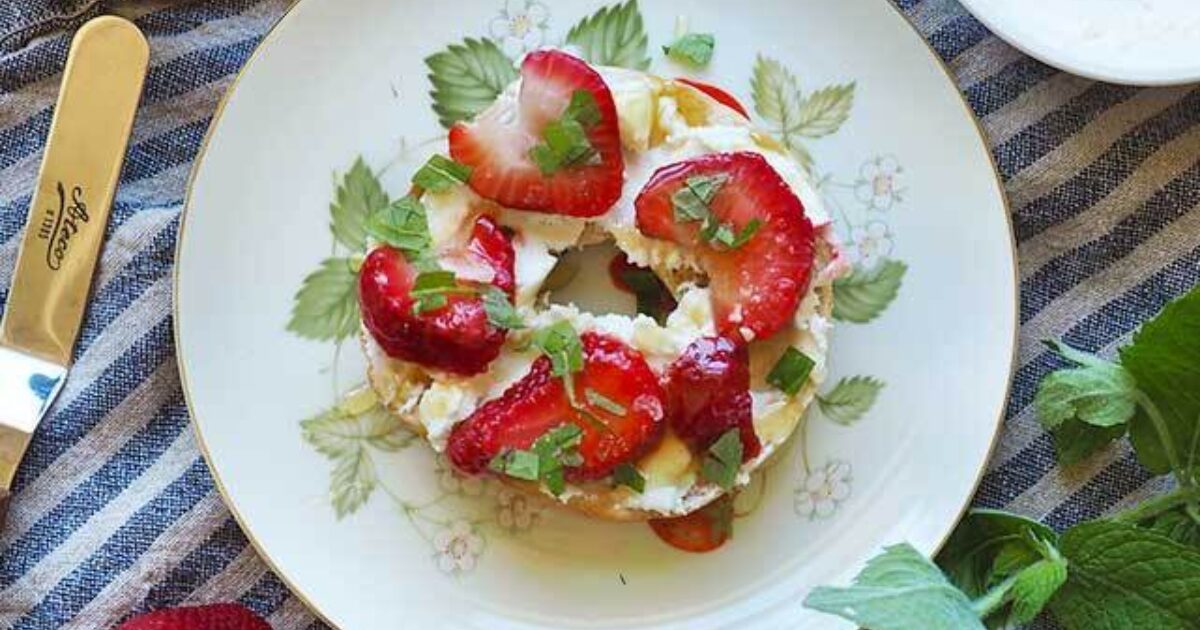 Pickled Strawberries & Spreadable Goat Cheese Bagel | Laura Chenel
