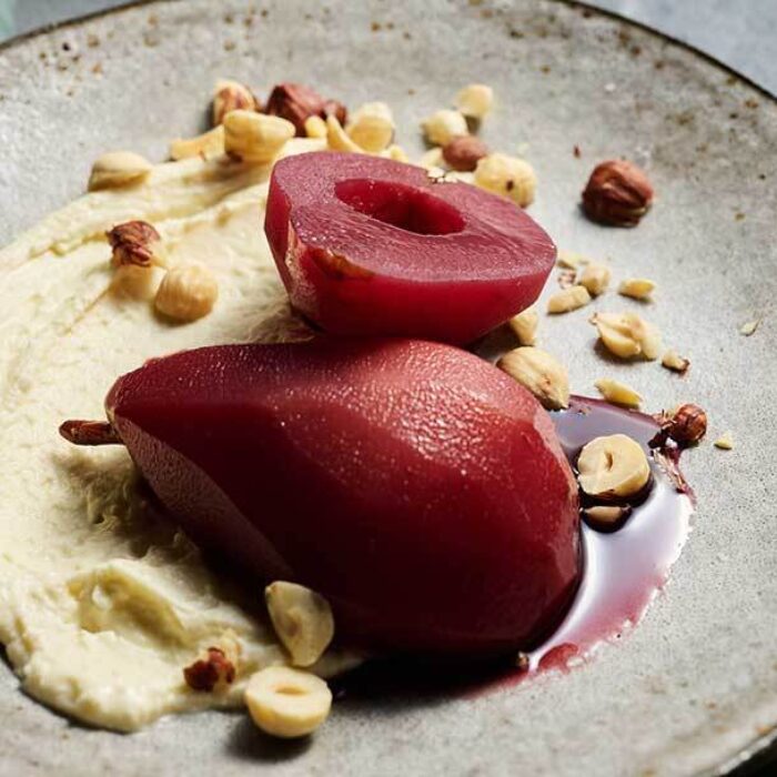 Red Wine Poached Pears with Honey Whipped Goat Cheese
