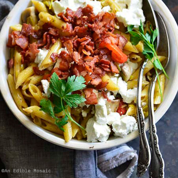 Warm-Caramelized-Leek-Pasta-Salad-with-Bacon-and-Goat-Cheese021219